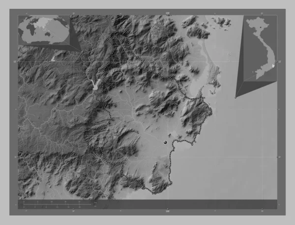越南省 带有湖泊和河流的灰度高程图 角辅助位置图 — 图库照片