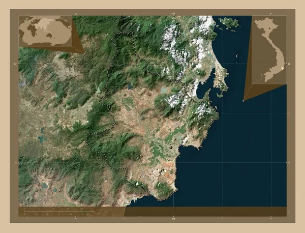 越南省 低分辨率卫星地图 该区域主要城市的所在地点 角辅助位置图 — 图库照片
