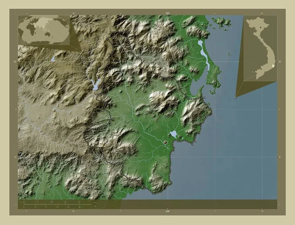 越南省 用Wiki风格绘制的带有湖泊和河流的高程地图 角辅助位置图 — 图库照片