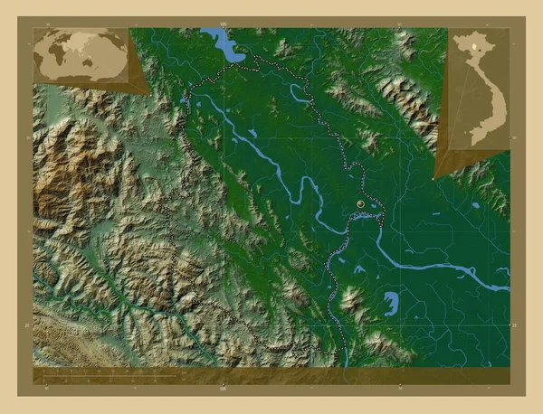 Тхо Провінція Єтнам Кольорові Карти Висот Озерами Річками Кутові Допоміжні — стокове фото