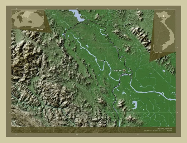 Phu Tho 越南省 用Wiki风格绘制的带有湖泊和河流的高程地图 该区域主要城市的地点和名称 角辅助位置图 — 图库照片