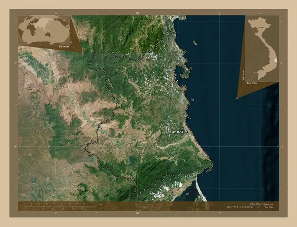 Phu Yen 越南省 低分辨率卫星地图 该区域主要城市的地点和名称 角辅助位置图 — 图库照片
