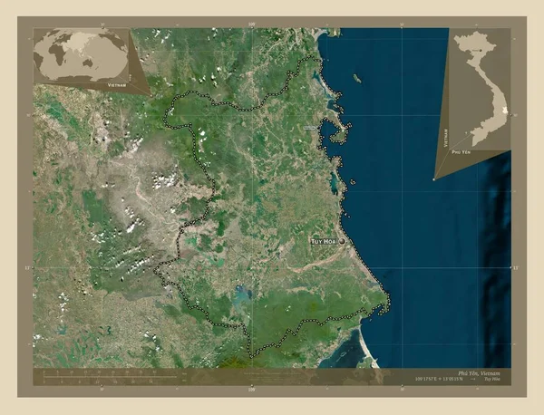 ベトナムの省Ph Yen 高解像度衛星地図 地域の主要都市の位置と名前 コーナー補助位置図 — ストック写真