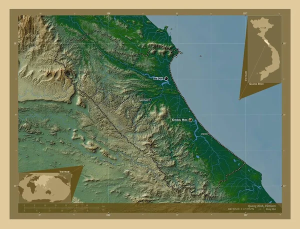 ベトナムのクアンビン省 湖や川と色の標高マップ 地域の主要都市の位置と名前 コーナー補助位置図 — ストック写真