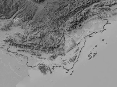 Quang Ninh, Vietnam vilayeti. Gölleri ve nehirleri olan gri tonlama yükseklik haritası