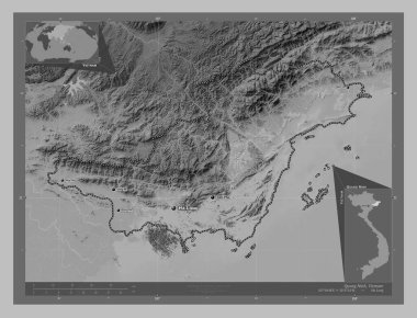 Quang Ninh, Vietnam vilayeti. Gölleri ve nehirleri olan gri tonlama yükseklik haritası. Bölgenin büyük şehirlerinin yerleri ve isimleri. Köşedeki yedek konum haritaları