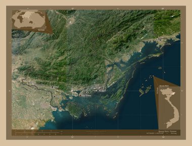 Quang Ninh, Vietnam vilayeti. Düşük çözünürlüklü uydu. Bölgenin büyük şehirlerinin yerleri ve isimleri. Köşedeki yedek konum haritaları