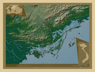 Quang Ninh, Vietnam vilayeti. Gölleri ve nehirleri olan renkli yükseklik haritası. Bölgenin büyük şehirlerinin yerleri ve isimleri. Köşedeki yedek konum haritaları