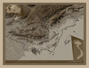 Quang Ninh, Vietnam vilayeti. Yükseklik haritası sepya tonlarında göller ve nehirlerle renklendirilmiş. Bölgenin büyük şehirlerinin yerleri ve isimleri. Köşedeki yedek konum haritaları