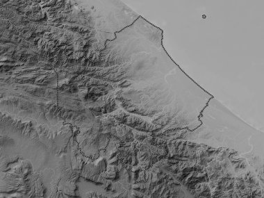 Quang Tri, Vietnam vilayeti. Gölleri ve nehirleri olan gri tonlama yükseklik haritası