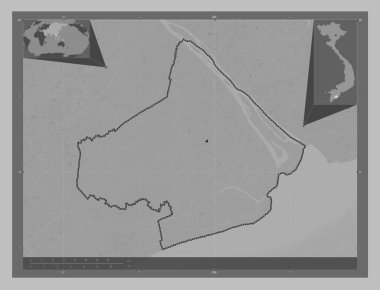 Soc Trang, Vietnam eyaleti. Gölleri ve nehirleri olan gri tonlama yükseklik haritası. Bölgenin büyük şehirlerinin yerleri. Köşedeki yedek konum haritaları