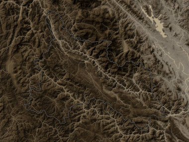 Son La, Vietnam vilayeti. Yükseklik haritası sepya tonlarında göller ve nehirlerle renklendirilmiş