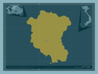 Tay Ninh, Vietnam vilayeti. Katı renk şekli. Bölgenin büyük şehirlerinin yerleri ve isimleri. Köşedeki yedek konum haritaları