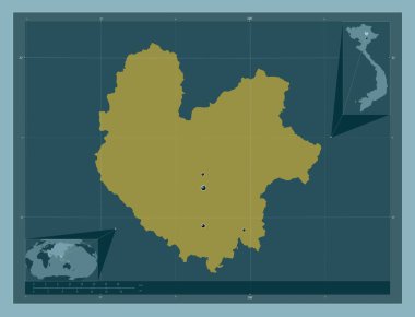 Tayland Nguyen, Vietnam vilayeti. Katı renk şekli. Bölgenin büyük şehirlerinin yerleri. Köşedeki yedek konum haritaları