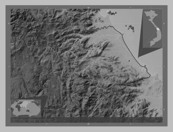 越南省 带有湖泊和河流的灰度高程图 角辅助位置图 — 图库照片