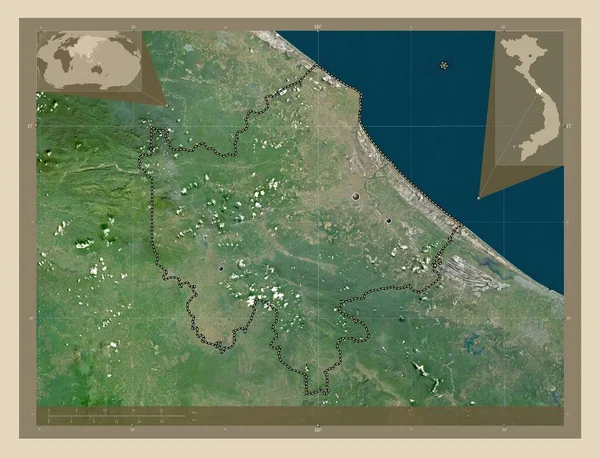 ベトナムのクアントライ県 高解像度衛星地図 地域の主要都市の場所 コーナー補助位置図 — ストック写真