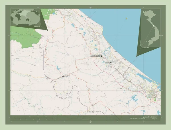 Quang Tri越南省开放街道地图 该区域主要城市的地点和名称 角辅助位置图 — 图库照片