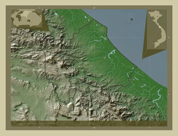 Quang Tri越南省用Wiki风格绘制的带有湖泊和河流的高程地图 角辅助位置图 — 图库照片