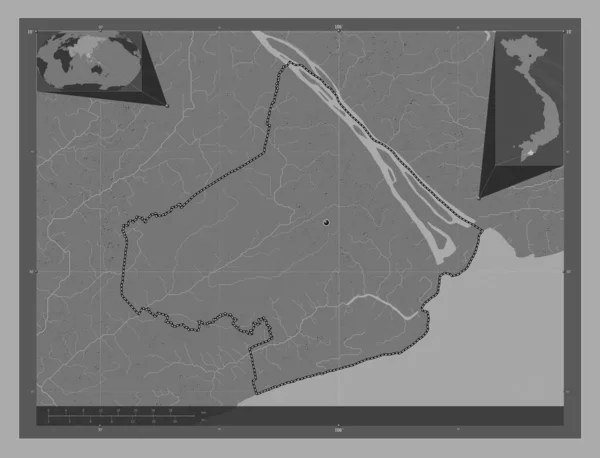 stock image Soc Trang, province of Vietnam. Bilevel elevation map with lakes and rivers. Locations of major cities of the region. Corner auxiliary location maps