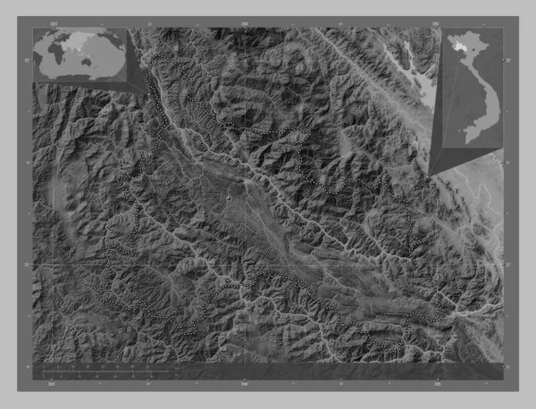 儿子拉 越南省 带有湖泊和河流的灰度高程图 角辅助位置图 — 图库照片