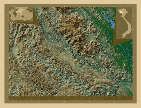 Син Провінція Єтнам Кольорові Карти Висот Озерами Річками Кутові Допоміжні — стокове фото