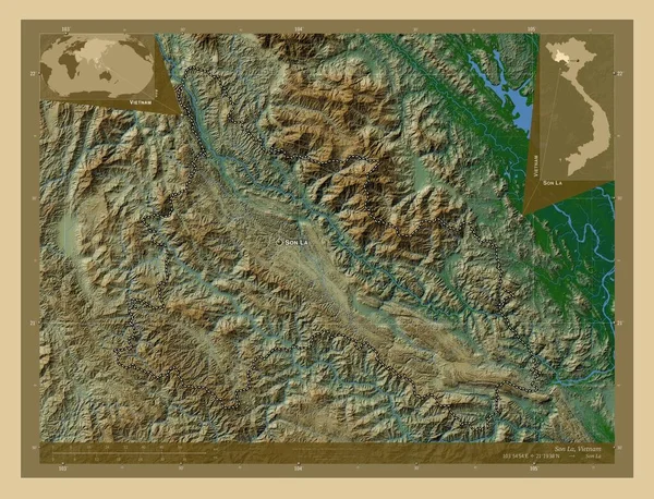 Сын Провинция Вьетнам Цветная Карта Высоты Озерами Реками Места Названия — стоковое фото