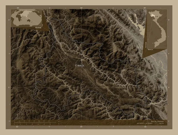 Son Province Vietnam Elevation Map Colored Sepia Tones Lakes Rivers — Stock Photo, Image