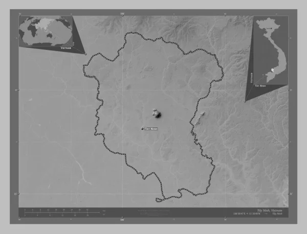 Tay Ninh Province Vietnam Grayscale Elevation Map Lakes Rivers Locations — Stock Photo, Image