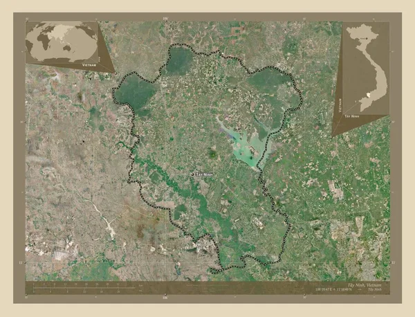 Tay Ninh越南省高分辨率卫星地图 该区域主要城市的地点和名称 角辅助位置图 — 图库照片
