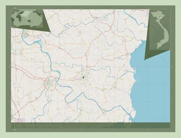 越南省 开放街道地图 该区域主要城市的所在地点 角辅助位置图 — 图库照片