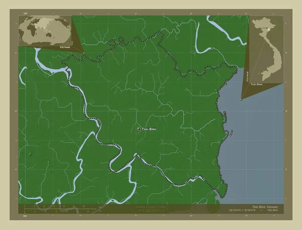 越南省 用Wiki风格绘制的带有湖泊和河流的高程地图 该区域主要城市的地点和名称 角辅助位置图 — 图库照片