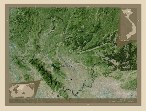 ベトナムのタイ グエン州 高解像度衛星地図 地域の主要都市の位置と名前 コーナー補助位置図 — ストック写真