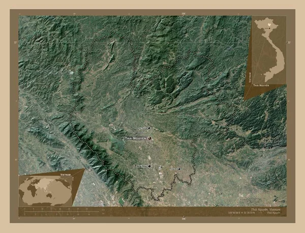 ベトナムのタイ グエン州 低解像度衛星地図 地域の主要都市の位置と名前 コーナー補助位置図 — ストック写真