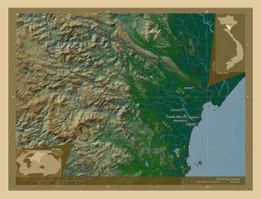 Thanh Hoa, Vietnam vilayeti. Gölleri ve nehirleri olan renkli yükseklik haritası. Bölgenin büyük şehirlerinin yerleri ve isimleri. Köşedeki yedek konum haritaları