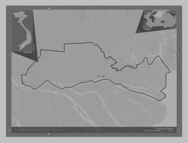 Tien Giang, Vietnam vilayeti. Gölleri ve nehirleri olan gri tonlama yükseklik haritası. Bölgenin büyük şehirlerinin yerleri ve isimleri. Köşedeki yedek konum haritaları