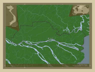 Tien Giang, Vietnam vilayeti. Yükseklik haritası göller ve nehirlerle wiki tarzında renklendirilmiş. Bölgenin büyük şehirlerinin yerleri ve isimleri. Köşedeki yedek konum haritaları