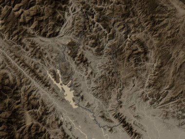 Tuyen Quang, Vietnam vilayeti. Yükseklik haritası sepya tonlarında göller ve nehirlerle renklendirilmiş