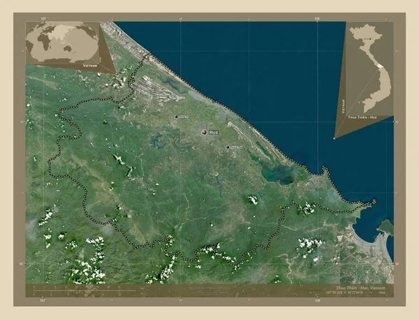 Thua Thien ベトナムの州 高解像度衛星地図 地域の主要都市の位置と名前 コーナー補助位置図 — ストック写真