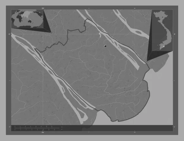 stock image Tra Vinh, province of Vietnam. Bilevel elevation map with lakes and rivers. Corner auxiliary location maps