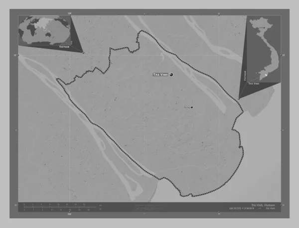 Tra Vinh Province Vietnam Grayscale Elevation Map Lakes Rivers Locations — Stock Photo, Image