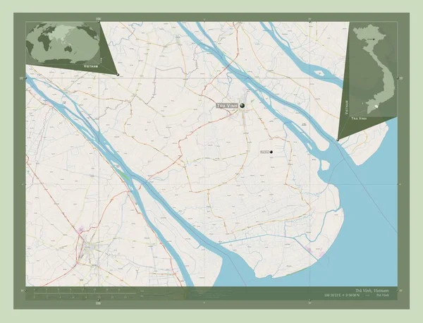 ベトナムの省であるTra Vinh ストリートマップを開く 地域の主要都市の位置と名前 コーナー補助位置図 — ストック写真