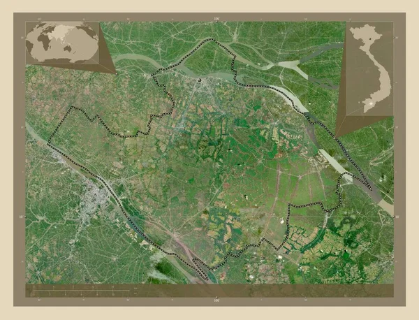 ベトナムのヴィン ロン県 高解像度衛星地図 地域の主要都市の場所 コーナー補助位置図 — ストック写真