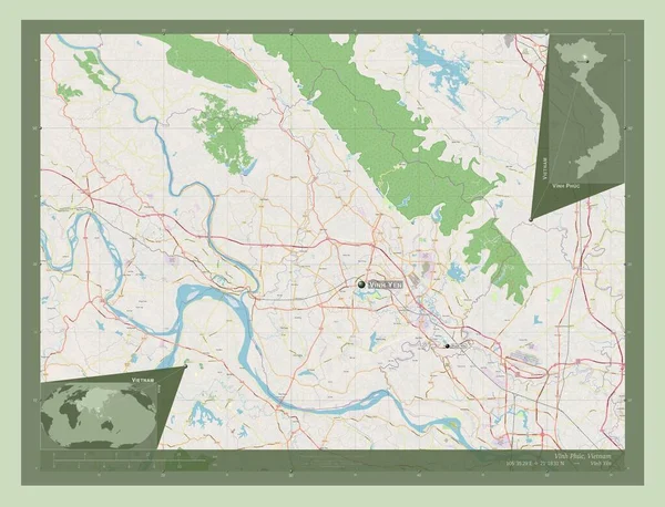 Vinh Phuc 越南省开放街道地图 该区域主要城市的地点和名称 角辅助位置图 — 图库照片
