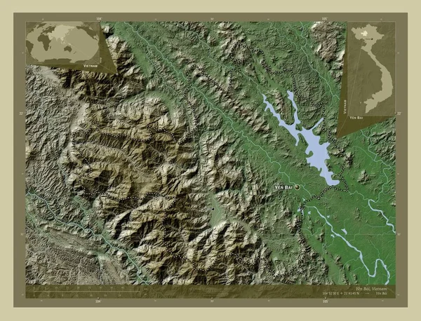 延白越南省Yen Bai 用Wiki风格绘制的带有湖泊和河流的高程地图 该区域主要城市的地点和名称 角辅助位置图 — 图库照片