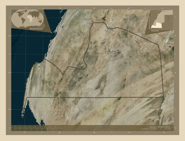 Aousserd Province Western Sahara 高分辨率卫星地图 该区域主要城市的地点和名称 角辅助位置图 — 图库照片