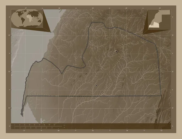 Aousserd Nyugat Szahara Tartomány Magassági Térkép Színes Szépia Tónusok Folyók — Stock Fotó