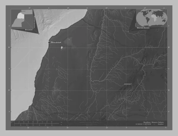 Boujdour Prowincja Sahary Zachodniej Mapa Wzniesień Skali Szarości Jeziorami Rzekami — Zdjęcie stockowe