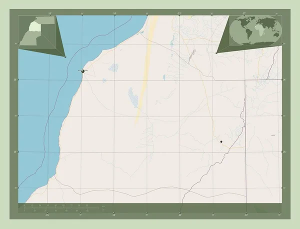 Boujdour 西撒哈拉省 开放街道地图 该区域主要城市的所在地点 角辅助位置图 — 图库照片