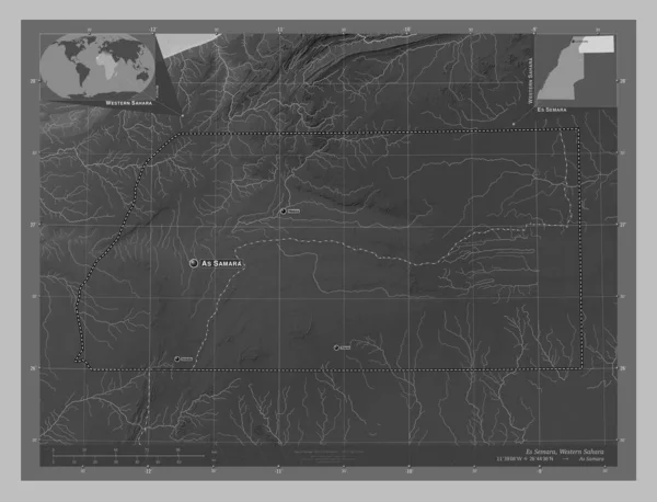 Semara 西撒哈拉省 带有湖泊和河流的灰度高程图 该区域主要城市的地点和名称 角辅助位置图 — 图库照片