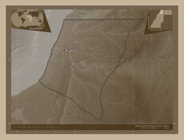 Laayoune-Sakia El Hamra, Batı Sahra ili. Yükseklik haritası sepya tonlarında göller ve nehirlerle renklendirilmiş. Bölgenin büyük şehirlerinin yerleri ve isimleri. Köşedeki yedek konum haritaları